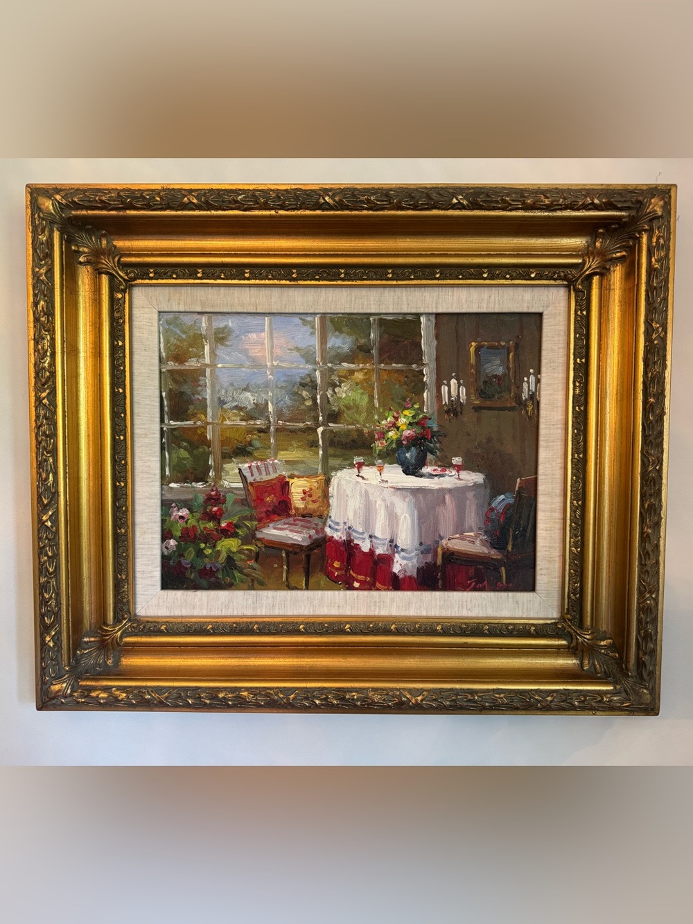 Professionally Framed Still Life Oil Painting - Cafe, Wine & Flowers